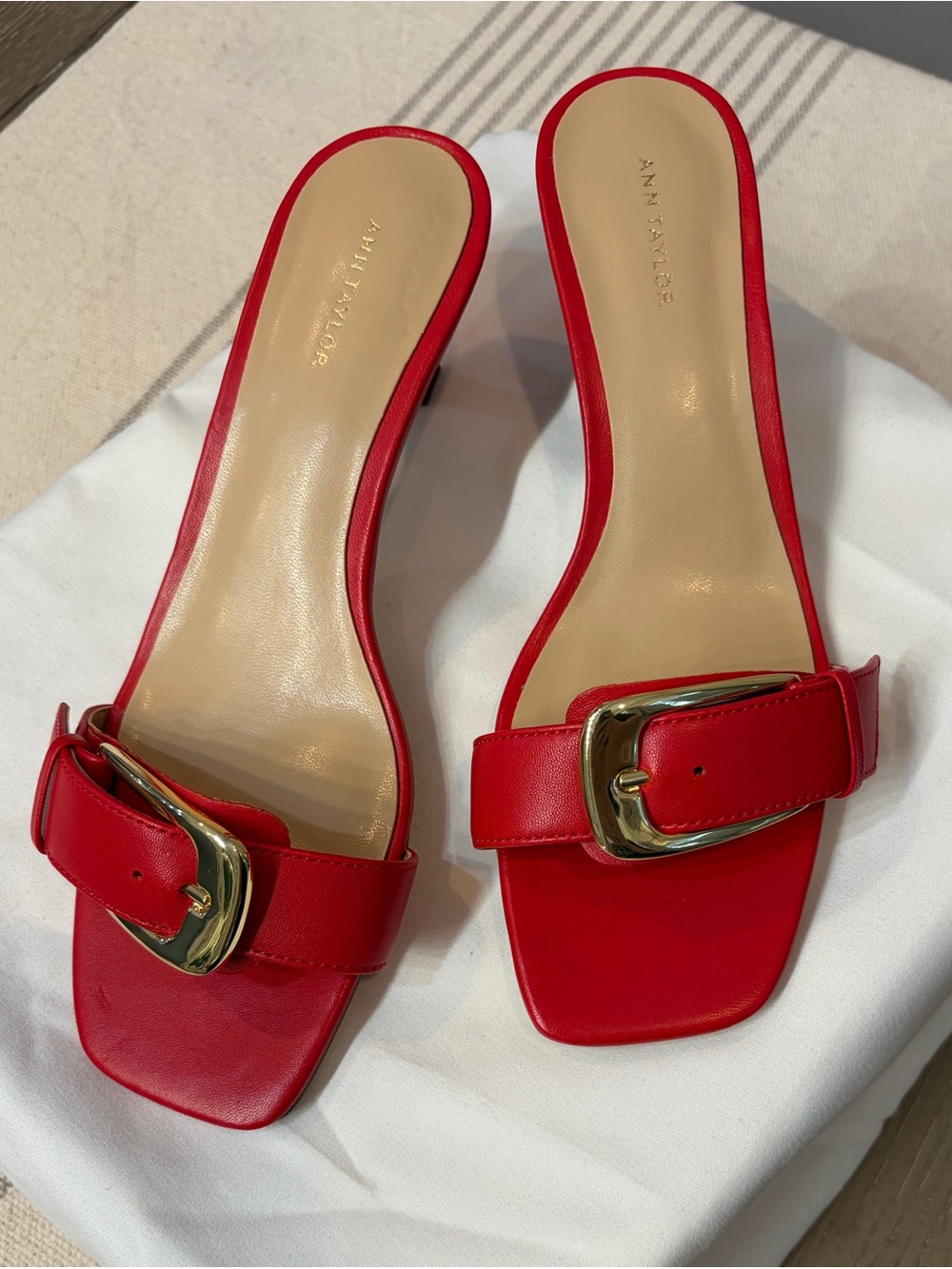 Ann Taylor Red Leather Buckle Slide Mules